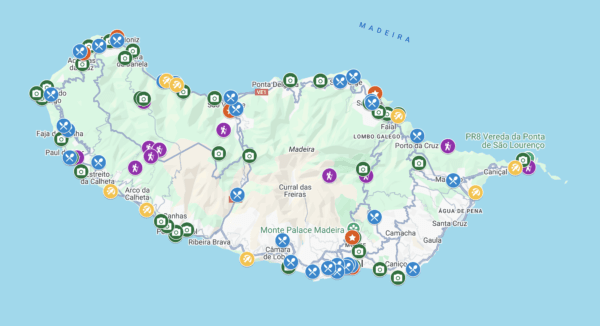 google map pins showcasing all must see items in Madeira Island